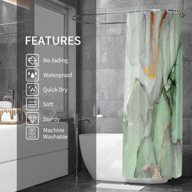 Gibelle Abstract Marble Shower Curtain, Sage Green Jade Texture Gold Stripes Ombre Watercolor Paint, Modern Ink Art Decor Waterproof Fabric Shower Curtain for Bathroom Set with Hooks, 71x71