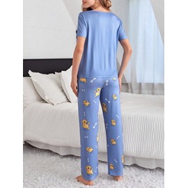 Floerns Women's Cartoon Print Short Sleeve Top with Long Pants Two Piece Pajama Sets Mauve Purple Dog Small