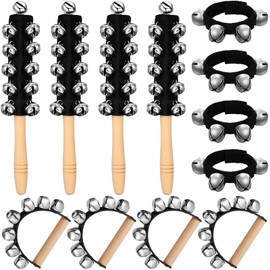 Lukmaa 12 PCS Christmas Hand Jingle Bells Wooden Handle Bells Wrist Band Shaking Bells Stick Musical Percussion Instrument Bells for Xmas Holiday Music Enlightenment Birthday Party Favors (Black)