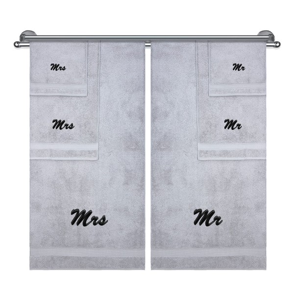 Mrs. and Mr. Monogrammed Towel, Couple's Gift, Bathroom Sets, Anniversary, Wedding, Engagement Gifts for Couples, 100% Cotton 6 Piece Towel Set, 2 Bath & 2 Hand Towels, 2 Washcloths, Light Grey