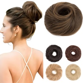Benehair Hairpiece with Elastic Band, Bun Hairpiece, Hair Scrunchie with Hair, Synthetic Hair Extension, Messy Bun for Women and Girls (Light Brown Mix Dark Blonde, 55 g)
