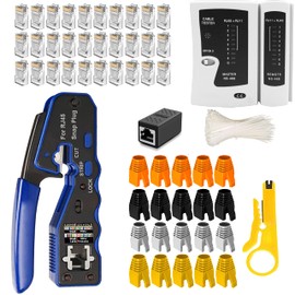 LEATBUY RJ45 Crimp Tool Kit CAT6 CAT5 Crimping Tool Set, 50PC Pass Through Connector, 50PC Cover, Network Cable Tester, Wire Punch Down Cutter Plier Stripper Ethernet Cutter(White)