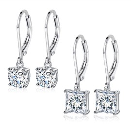 MDFUN 18K White Gold Plated princess Round Cut Clear Cubic Zirconia Tear Drop Dangle Earrings for Women Hypoallergenic 2 Pairs