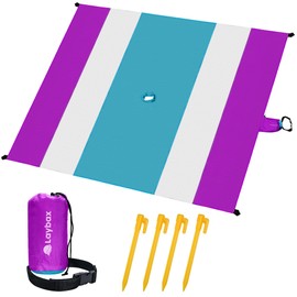 Laybax Large Sand Free Beach Blanket,7 Foot Blanket with Retractable Umbrella Hole, L sandproof Beach mat with Sand Pockets and Stakes (Purple, 7x5)