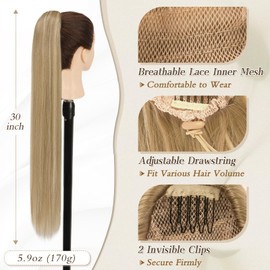 BARSDAR Drawstring Ponytail Extension, 30 Inch Long Straight Blonde Ponytail Hair Extensions Synthetic Fake Pony Tails Hairpieces Clip in Ponytail for Women Girls Daily- Light Ash Blonde Mixed