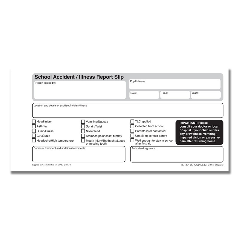 NCR School Accident Report Triplicate Book 99 x 210mm 50
