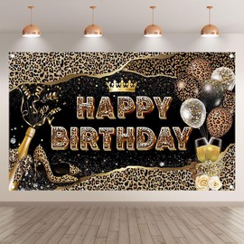 ZTHMOE 72x43inch Leopard Print Happy Birthday Photography Backdrop Black Gold Glitter Balloons Champagne Background Rose Cool Celebration Party Decoratins Photo Booth Props