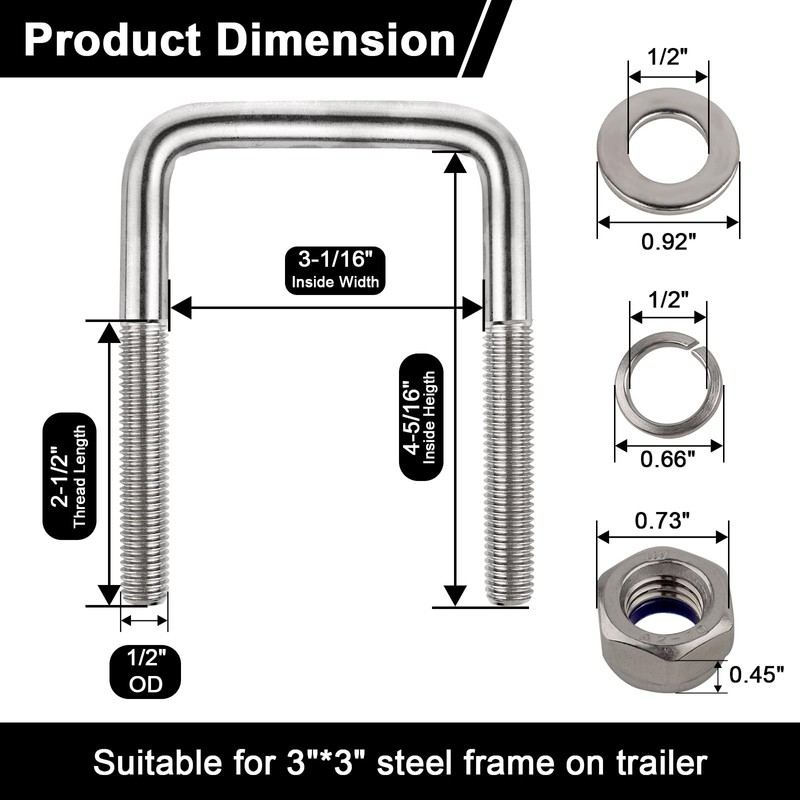 4 Sets 304 Stainless Steel Square U-Bolt Kits, Heavy Duty