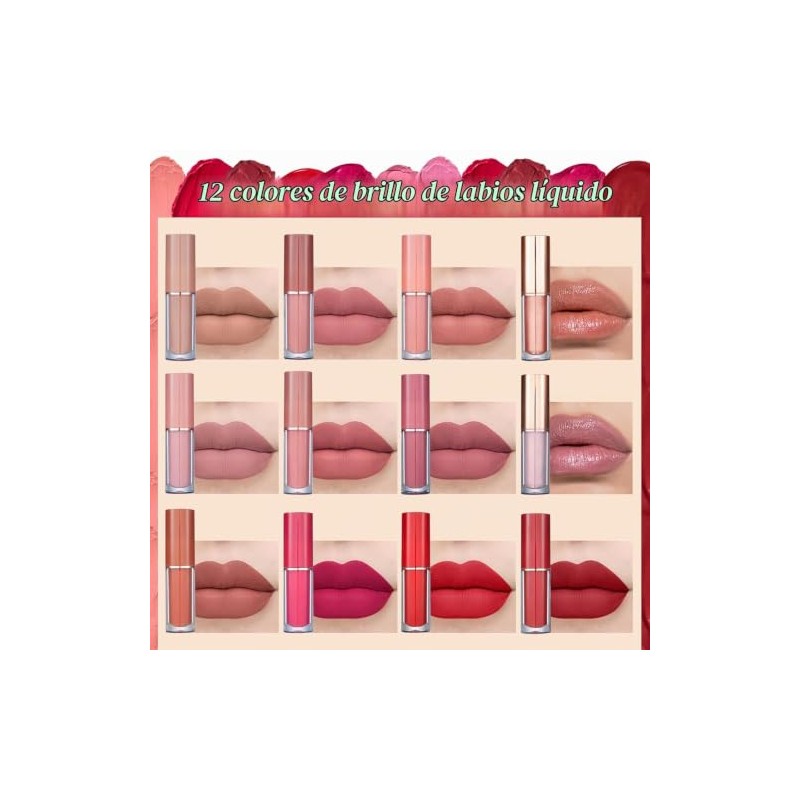 12 Piezas Kit Lápiz Labial, Brillo de Labios Líquido Mate