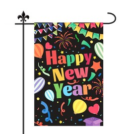 Happy New Year Garden Flag, 18x12in Double Sided New Year Decoration Flag with Colorful Words Black Background Confetti Hot Air Balloons Pattern Party Yard Decorations for Outdoor Lawn Winter