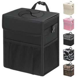 Capolo Car Trash Can with Lid, Leakproof Car Trash Bag Hanging Waterproof Automotive Garbage Can with Storage Pockets Mini Vehicle Trash Bin for Back/Front Seat(Black,3 Gallon)
