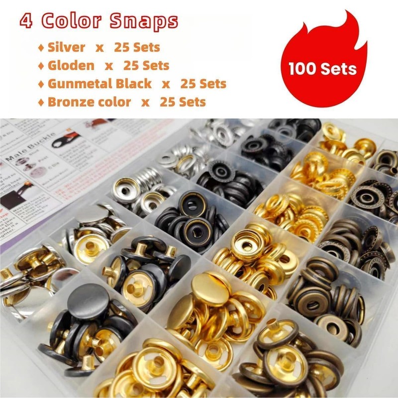 SUNOR 100 Sets Snap Buttons,Heavy Duty Snap Fasteners Kit 15mm