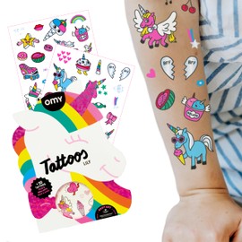 Omy Unicorn Temporary Tattoos for Kids – 50 Magical, Colorful Designs with Rainbows, Stars, and Unicorns | Easy to Apply, Safe & Long-Lasting | Age 3 and Up