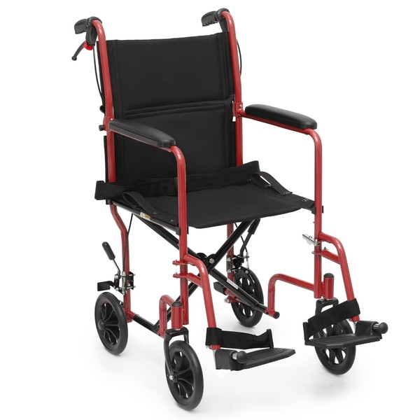 MoNiBloom Lightweight Wheelchair for Adults, with Locking Hand Brakes, 8 Inch Rear Wheels and Back Folds Down User-Friendly Transport Compact 16 Inch Seat Wheel Chair, 250 lbs Weight Capacity, Red