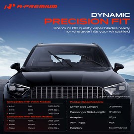 A-Premium Pack of 2 Front Windshield Wiper Blades with Wear Indicator & Towel - Compatible with Nissan Murano, Ariya & Infiniti QX50, QX55, Q45-26" and 18", Hook Arm Connector, Left and Right