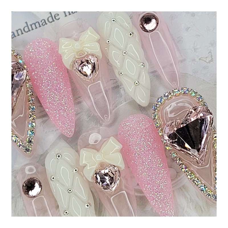 Pink Heart Emboss Handmade Nail Tips - Water Drop /
