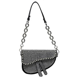 PURFANREE Women Studded Saddle Shoulder Bag Shining Rhinestone Clutch Purse Underarm Handbag Satchel Rivet Crossbody Bag, Silver, One Size