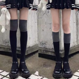 Daily Gray ROOT4401 Two-Tone Color Block Over-the-Knee Socks Loose Socks Black Low=NE