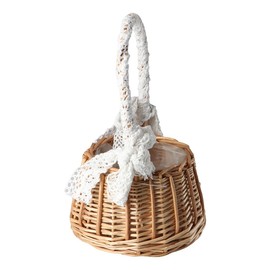 Natural Rattan Storage Basket with Handle Hand-woven Lace Bow Decoration, Wicker Flower Pot Picnic Baskets Wedding Girl Flower Basket