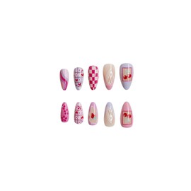 24Pcs Pink Love Plaid Cherry Strawberry Designs Press on Nails Almond Medium False Nails Pink Flowers Artificial Nails Summer Glue on Nails Full Cover Cute French Tip Stick on Nails for Women