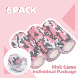6-Pack Self Adhesive Bandage Wrap 2Inch x 5 Yards, Elastic Athletic Tape, Tattoo Grip Tape, Non Woven Medical Tape for First Aid, Sports, Wrist, Ankle, Vet Wrap for Pets (Pink-Camo)