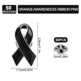 WANDIC 50pcs Black Ribbon Pins, Mourning Brooches Classic Metal Melanoma Awareness Badges Hope Faith Pins for Public Event Advocacy