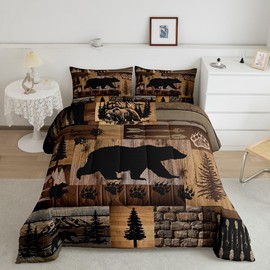 Feelyou Farmhouse Bear Bedding Set Rustic Cabin Wooden Comforter Set for Kids Boys Girls Teens Room Decor,Wild Animal Comforter Twin Size,Vintage Wooden Duvet Set 2Pcs