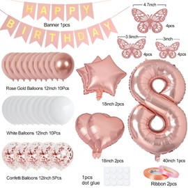 8th Birthday Decorations for Girls, Rose Gold 40 Inch Age 8 Foil Birthday Balloons with Happy Birthday Banner and Butterfly Stickers, for Baby Shower, Girls Women Birthday Party