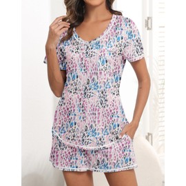 Ekouaer Women's Pajamas Sets Short Sleeve Lounge Sets Sleepwear Casual Two Piece Pjs with Pockets Leaf Small