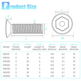 YEJAHY Pack of 20 M5 x 12 Countersunk Head Screws, High Strength Carbon Steel, Machine Screws, Fully Threaded Screws, Machine Equipment, Home Furniture, Bolt, Black