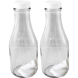 The Dairy Shoppe 1 Qt Glass Milk Bottle 32 Oz Tall/Round Style with Snap-on Caps and Pour Spouts (2 pack)