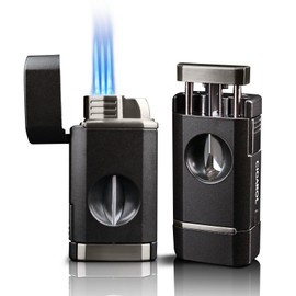 3 Jet Flame Cigar Lighter with Built-in V Cutter & Holder, All-in-One Windproof Torch Lighter, Refillable Butane, Heavy Duty Cigar Accessories, Gift for Men (Black)