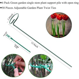 Plant Stake Support - 6 Pack, Garden Single Stem Support Stake Plant Cage Support Rings, Single Stem Plant Support Stakes, Plant Twist Ties, for Flowers Amaryllis Tomatoes Peony Lily Rose (15.9 inch)