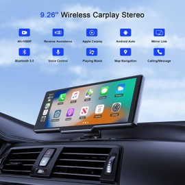 Avylet Wireless Apple Carplay Screen, Android Auto, with 4K Dash Cam,1080P Rear Camera, 9.26'' Portable Car Stereo Touchscreen, Voice Control, GPS Navigation, Mirror Link, Bluetooth,AUX,FM