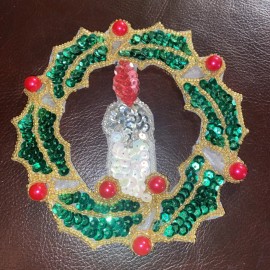 Union Trading Company VINTAGE UNION TRADING CO. SEQUINED CHRISTMAS WREATH WITH CANDLE PATCH~NOS