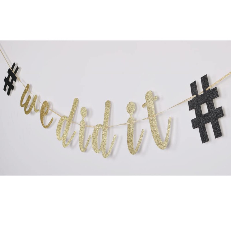 We Did It Gold Glitter Banner, Graduation Party Sign Bunting