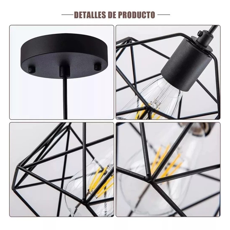 D.S Lámpara Colgante Industrial Negra Tipo Jaula 3 Piezas A6