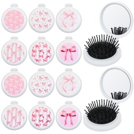Meanplan 12 Pcs Pink Bow Mini Hair Brushes Folding Mirror Coquette Detangler Brush for Purse Portable Makeup Pocket Hairbrush for Girls Women Travel Party Favors Team Gifts
