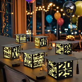 6 Pcs Graduation Table Centerpieces Boxes Class of Square 2025 Graduation Paper Lanterns with LED Hollow Out Black for Congrats Grad School College Table Decorations Grad Party Photo Props