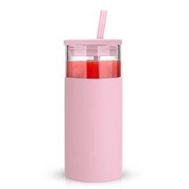 Tronco 20 oz Glass Tumbler With Lids and Straws, Reusable Smoothie Cups With Silicone Lid, Iced Coffee Cup With Silicone Protective Sleeve, Dishwasher Safe- BPA Free（Pink1 Count）
