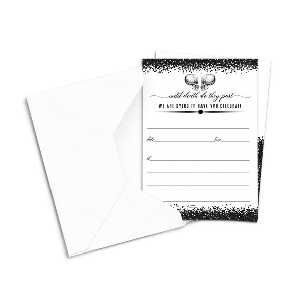 Glam Skull Wedding Invitations with Envelopes (25 Pack) Blank Invites Until Death - Halloween Bridal Shower Invites Bride and Groom - Gothic Theme Black and White – 5x7 Card Set Printed