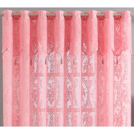 Warm Home Designs Semi Sheer 102" x 84" Lace Pink Curtains for Patio Doors with Attached Valance & Tassels. Patio Door Curtain for Sliding Door or Extra Wide Curtain Panels. L Rose Patio 84”