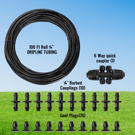 MIXC 1/4" Irrigation Dripline Tubing (100 Ft Roll) with 6" Emitter Spacing - 1/4" Drip Irrigation Fittings Included (Black)