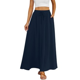 Tapata Regular Womens Flowy Maxi Skirt Long High Waist Elastic Drawstring Summer Pleated Skirts with Pockets, Navy Blue, M