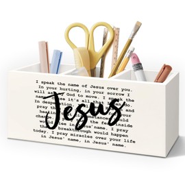 AQYIP Christian Jesus Wooden Pen Pencil Holder for Desk Accessories, Christian Gifts for Women Men, Jesus Bible Verse Wood Makeup Brush Toothbrush Holder Organizer for Vanity Bathroom