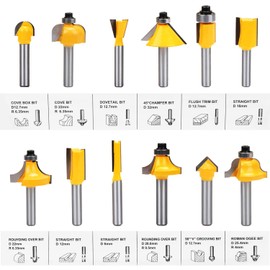 HSEAMALL 12 PCS 6.35mm 1/4 Inch Shank Tungsten Carbide Tipped Router Bit Set with Wrench