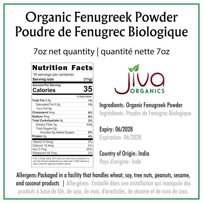 Jiva Organics Organic Fenugreek Powder 7oz Bag - Gluten Free,