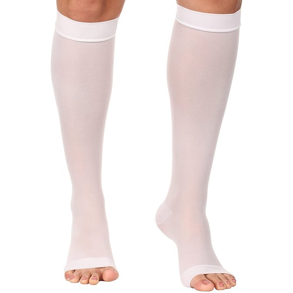 Absolute Support - Made in USA - Size Medium - Sheer Compression Socks for Women Circulation 15-20 mmHg with Open Toe - Lightweight Long Compression Knee High Support Stockings for Ladies - White