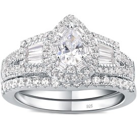 Newshe Jewellery Engagement Rings for Women AAAAA Cz Wedding Ring Sets 925 Sterling Silver Pear Cut Bridal Set Size 9