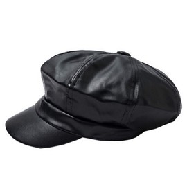 Women PU Leather Newsboy Cabbie Peaked Beret Cap Vintage Baker Boy Visor Hat Black